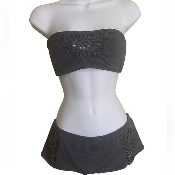 Rare Betsey Johnson Y2K Crochet Gray Cabaret 3 Piece Bikini Set SZ Medium Retro - Picture 3 of 15